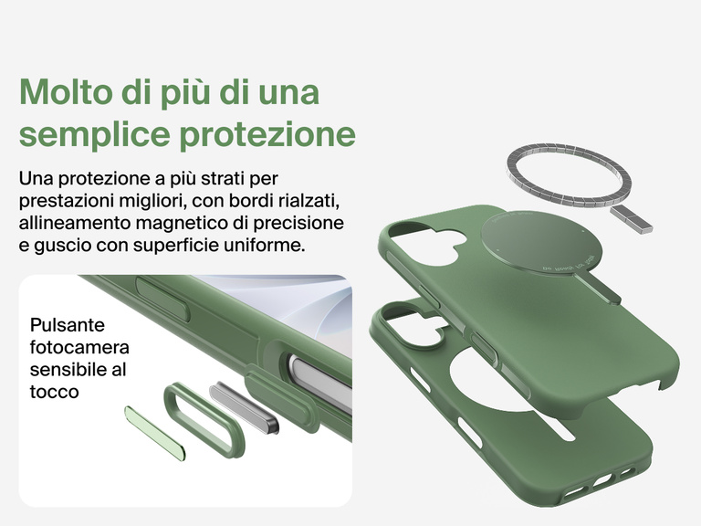 Immagine della custodia Belkin SheerForce Protect Series per iPhone 17 che evidenzia la compatibilit&agrave; con MagSafe e Qi2 per un aggancio magnetico potente a caricabatterie e altri accessori.