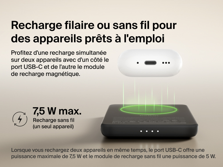 Belkin BoostCharge Slim Magnetic Power Bank 5K shown wirelessly charging earbuds, demonstrating 7.5W max magnetic wireless charging for single-device power.