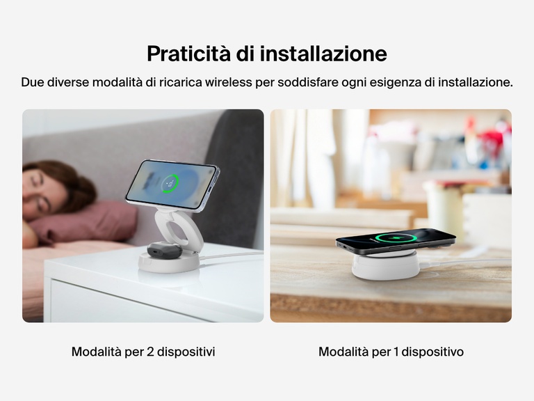 Belkin BoostCharge 2-in-1 Convertible Magnetic Charging Stand with Qi2 15W offers dual-device and single-device wireless charging modes for flexible use at home or on the go.