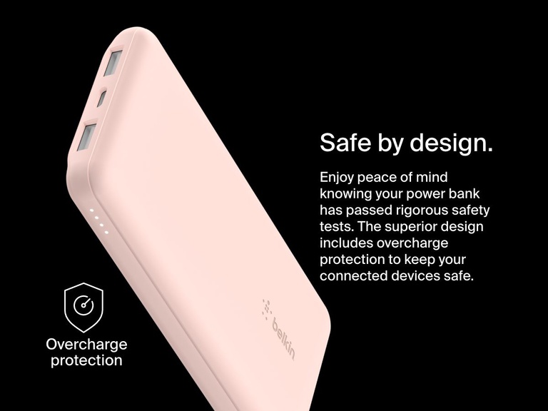 A Belkin BoostCharge Power Bank 10K is shown with LED indicators and dual USB ports, highlighting its overcharge protection and safety-tested design for reliable device charging.