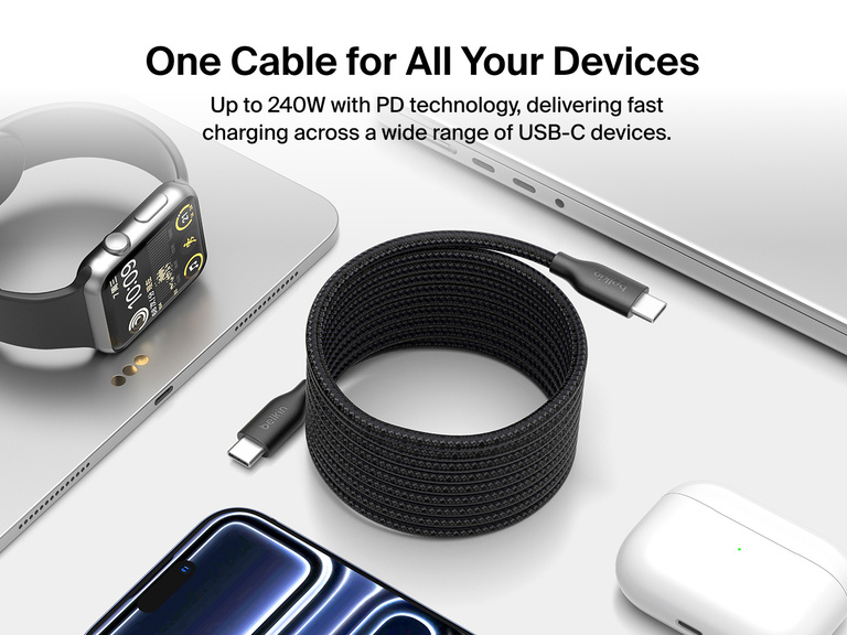 Belkin BoostCharge Pro Magnetic USB-C Cable 240W shown with multiple USB-C devices, providing up to 240W Power Delivery fast charging for phones, laptops, and accessories.