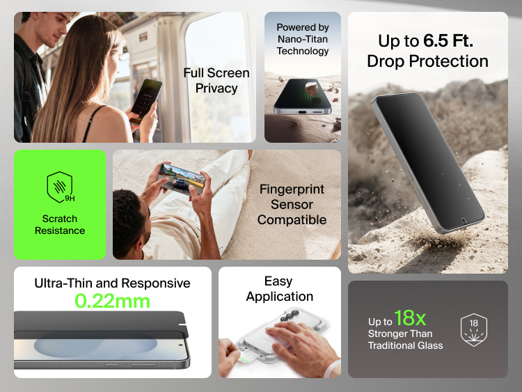 Belkin ScreenForce Titan SmartShield Privacy Filter Screen Protector for Samsung Galaxy S26 highlighting full-screen privacy, fingerprint sensor compatibility, 9H scratch resistance, up to 6.5 ft drop protection, ultra-thin 0.22 mm design, and easy application powered by Nano-Titan technology.