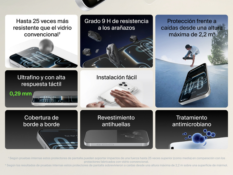 Belkin ScreenForce UltraGlass 2 Screen Protector with 25x stronger glass, 9H scratch resistance, 7.2 ft drop protection, ultra-thin 0.29mm design, edge-to-edge coverage, anti-fingerprint, antimicrobial treatment, and easy application.