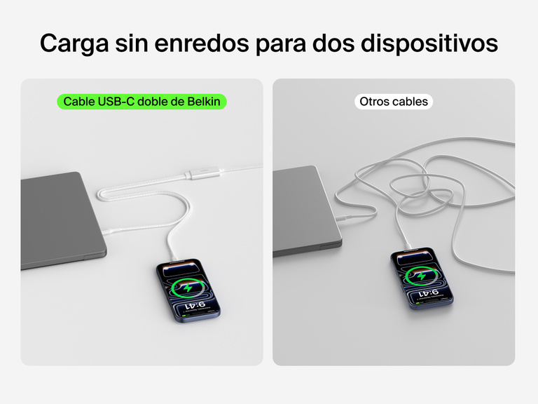 El cable trenzado USB-C a doble USB-C BoostCharge Pro de Belkin permite cargar con facilidad y sin enredos dos dispositivos sin necesidad de usar un segundo cable. En esta imagen se compara su uso con el de instalaciones convencionales con dos cables.
