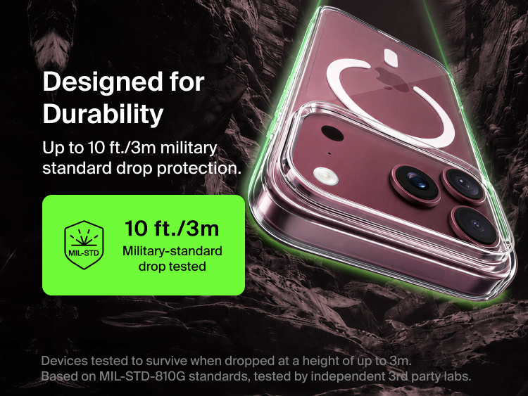 Belkin Clear Series Case for iPhone 18 Pro and Pro Max featuring up to 10-foot or 3-meter military-standard drop protection for enhanced durability.