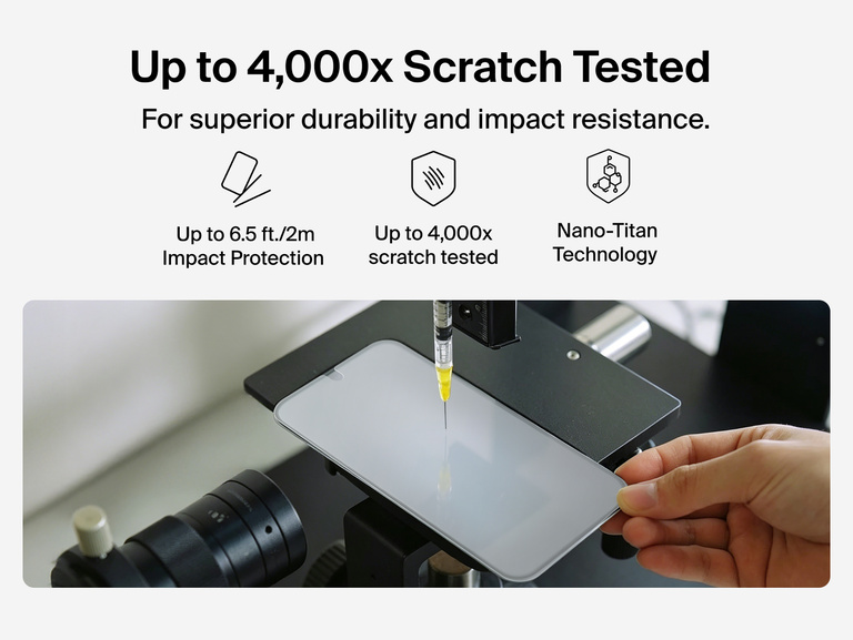 Belkin Titan SmartShield Anti-Reflective Screen Protector for Google Pixel 11 demonstrating up to 4,000x scratch-tested durability with Nano-Titan technology.
