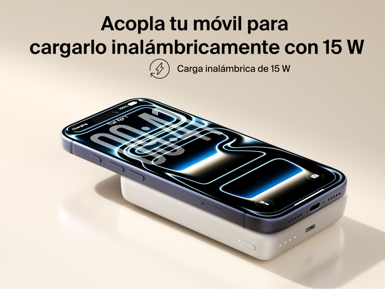 Slim Magnetic Power Bank 10K with Qi2 magnetically attached beneath smartphone demonstrating wireless charging connection
