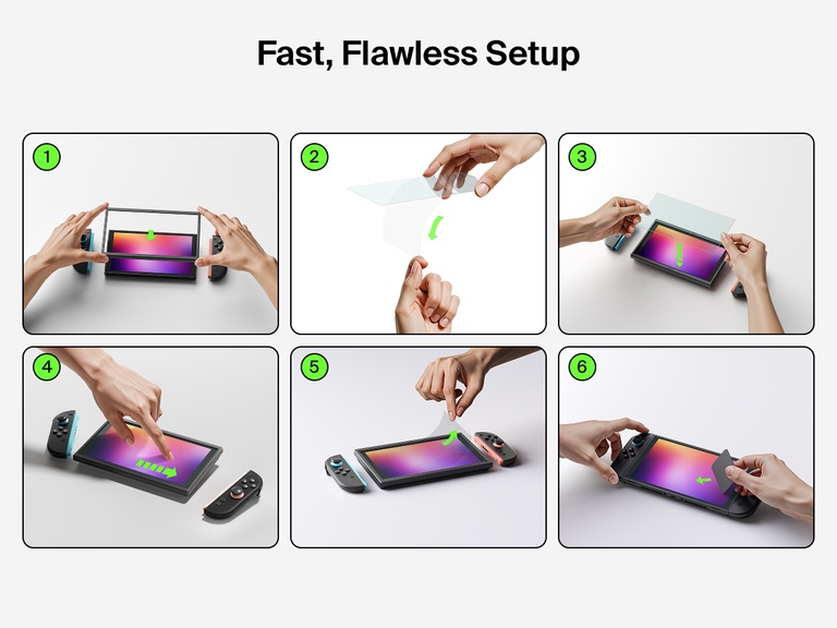 A six-step visual guide titled “Fast, Flawless Setup” shows how to install the Belkin Blue Light Screen Protector on a Nintendo Switch 2. Step 1 positions the Easy Align frame. Step 2 peels the backing off the screen protector. Step 3 places the protector on the screen. Step 4 presses it into place. Step 5 removes the alignment frame. Step 6 uses a card to smooth out bubbles, completing a clean and precise installation. The screen displays a vibrant gradient for visual clarity.