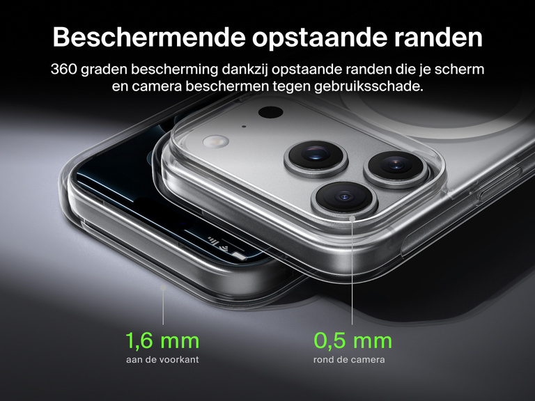 Belkin SheerForce Clear Series Case for iPhone 17 with elevated edge protection featuring 1.6mm front raised edge and 0.5mm camera raised edge for 360-degree coverage.