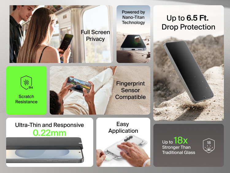 Belkin ScreenForce Titan SmartShield Privacy Filter Screen Protector for Samsung Galaxy S26 highlighting full-screen privacy, fingerprint sensor compatibility, 9H scratch resistance, up to 6.5 ft drop protection, ultra-thin 0.22 mm design, and easy application powered by Nano-Titan technology.