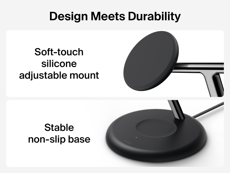 Belkin UltraCharge 3-in-1 Wireless Charging Stand with Qi2 25W highlighting soft-touch adjustable magnetic mount and stable non-slip base for durable everyday use