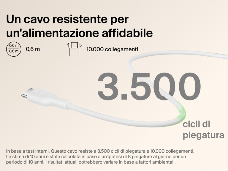 Belkin BoostCharge Slim Magnetic Power Bank 5K with Qi2 includes a durable USB-C to USB-C cable designed for long-lasting, reliable charging performance.