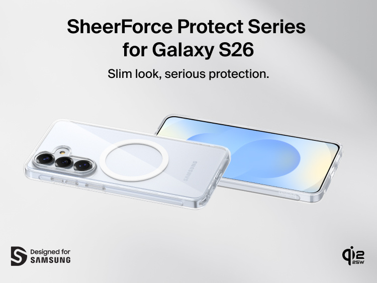 Belkin SheerForce Clear Series Case for Samsung Galaxy S26 shown on phone, featuring a slim, protective clear design with raised edges, precise cutouts, and Qi2 wireless charging compatibility.