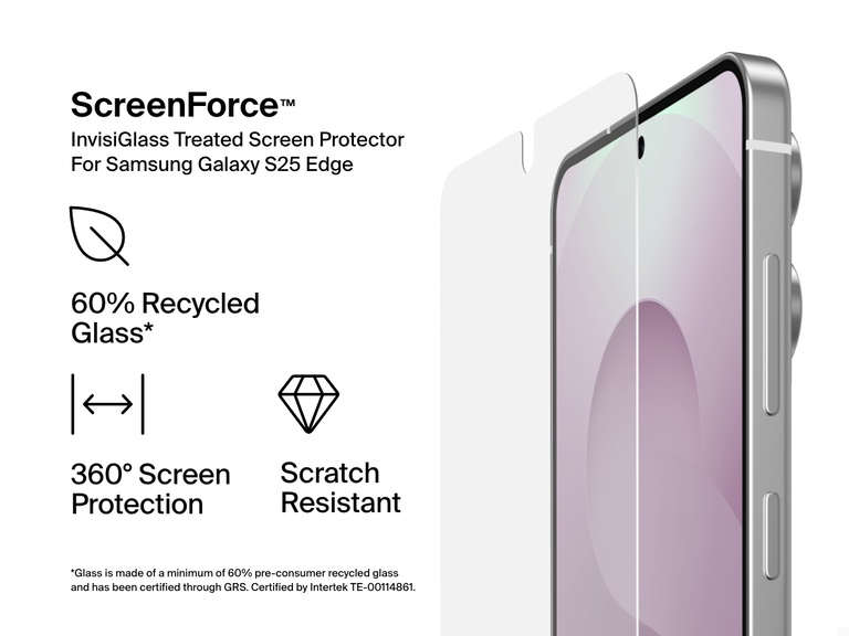 Marketing image of the Belkin ScreenForce InvisiGlass Treated Screen Protector for Samsung Galaxy S25 Edge, highlighting features like scratch resistance, 360° screen protection, and construction with 60% recycled glass. A phone with the screen protector is shown on the right.