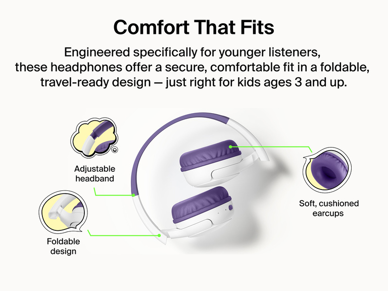 SoundForm Mini 2 Wireless On-Ear Headphones for Kids in folded position with callouts highlighting the adjustable headband, foldable design, and soft cushioned earcups