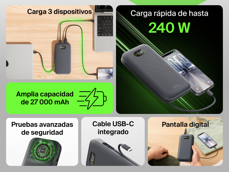 UltraCharge Pro Laptop Power Bank 27K charging three devices with integrated USB-C cable, digital display, and high-capacity fast charging up to 240W