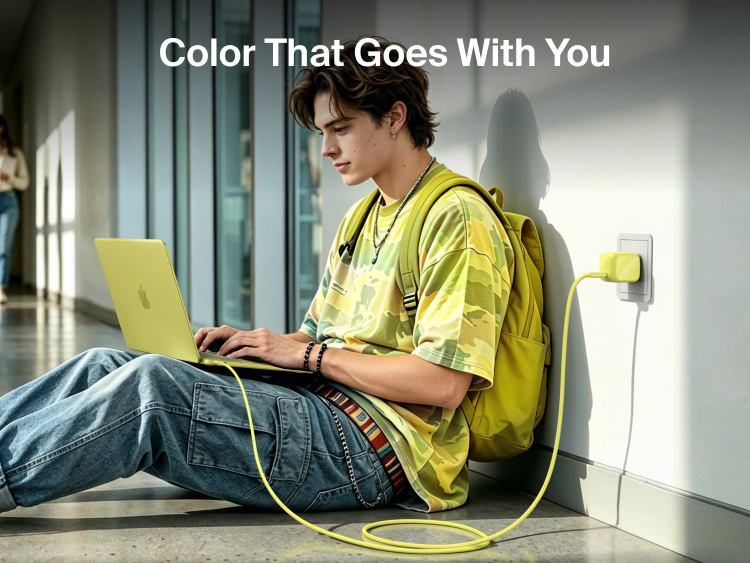 Student using a MacBook Neo while charging with the Belkin BoostCharge Compact USB-C Charger 30W and braided USB-C cable in a hallway.