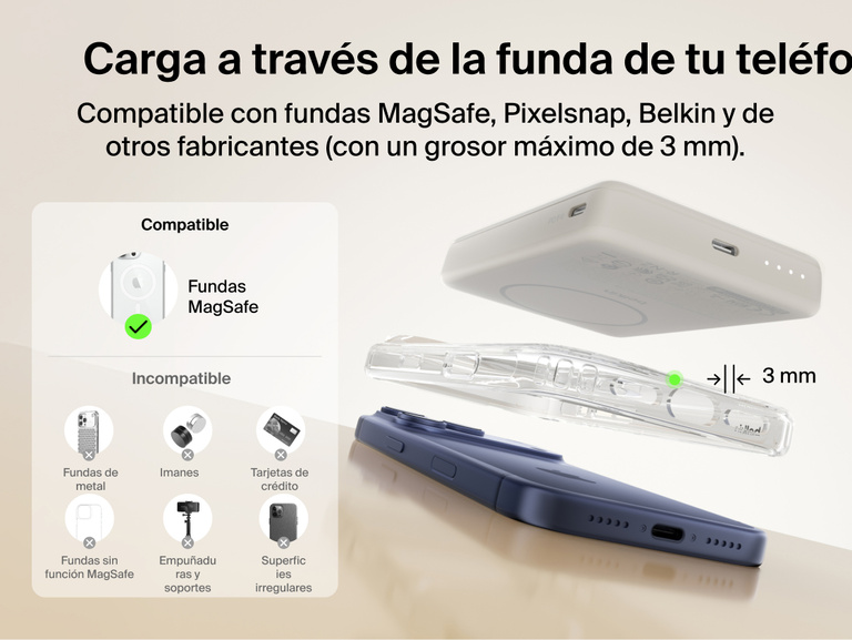 Slim Magnetic Power Bank 10K with Qi2 positioned above smartphone with case showing compatibility and magnetic attachment spacing
