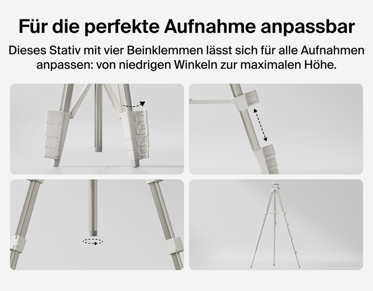 Image showing Belkin Stage Creator Kit tripod with adjustable legs and four locking mechanisms designed to adapt from low angles to full height for flexible content creation.