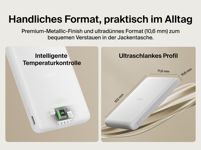 Belkin BoostCharge Slim Magnetic Power Bank 5K shown with smart thermal control and ultra-slim 0.5-inch profile designed for portable, pocket-friendly charging.