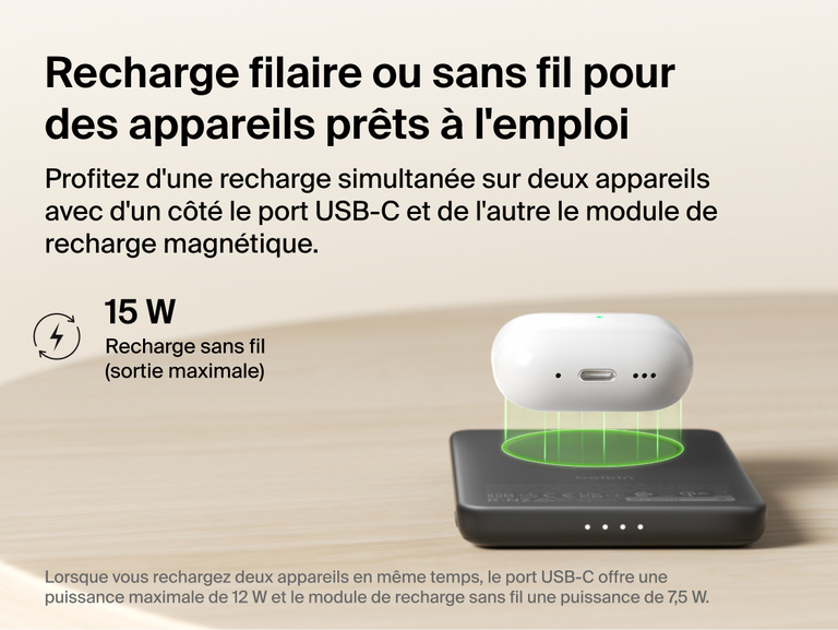 Belkin BoostCharge Slim Magnetic Power Bank 5K with Qi2 providing up to 15W magnetic wireless charging for compatible devices in a slim, portable power bank design.