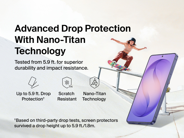 Belkin ScreenForce Titan EcoGuard Anti-Reflective Screen Protector for Samsung Galaxy S26 highlighting nano-titan technology, 7H scratch resistance, and up to 5.9 ft drop protection for enhanced durability.