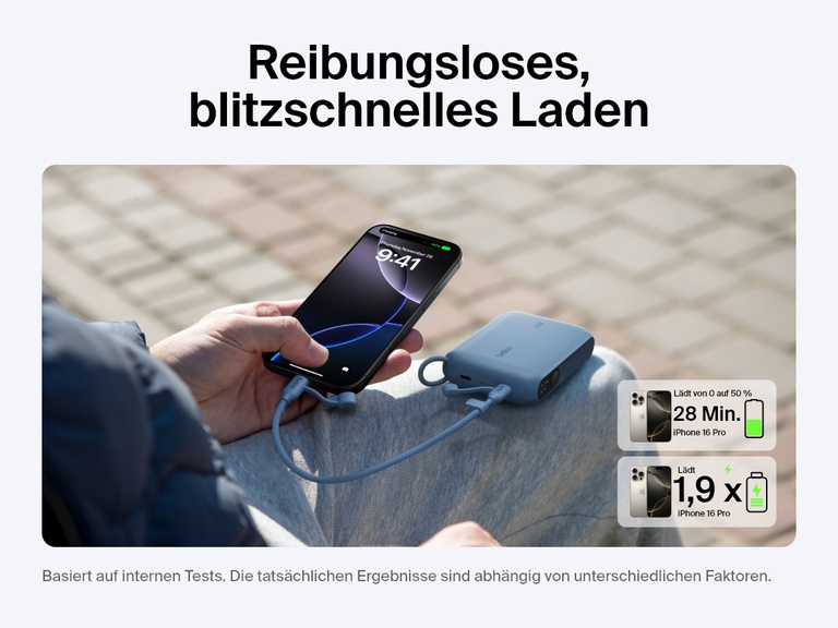 Die Belkin BoostCharge Powerbank 10K mit Display wird gezeigt, die ein Schnellladen mit 20 W ermöglicht und ein iPhone 16 Pro in 28 Minuten von 0 auf 50 % auflädt und damit bis zu 1,9 vollständige Aufladungen liefert.