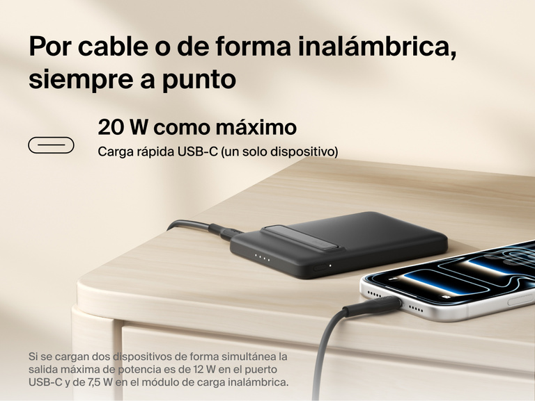 Belkin BoostCharge Slim Magnetic Power Bank 5K with Qi2 shown delivering wired USB-C fast charging and wireless charging for reliable, on-the-go power in a compact portable design.