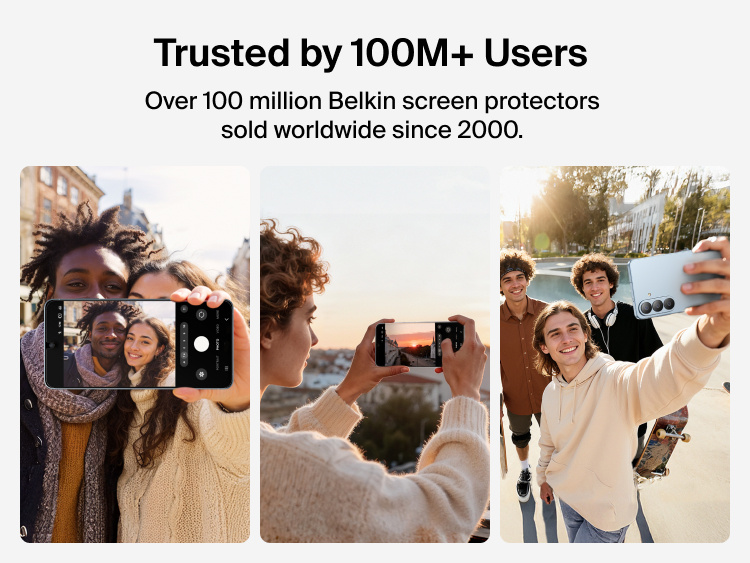 Belkin ScreenForce Titan EcoGuard Privacy Filter Screen Protector for Samsung Galaxy S26 highlighted as trusted by 100M+ users worldwide, showcasing reliable screen protection backed by millions of Belkin customers.