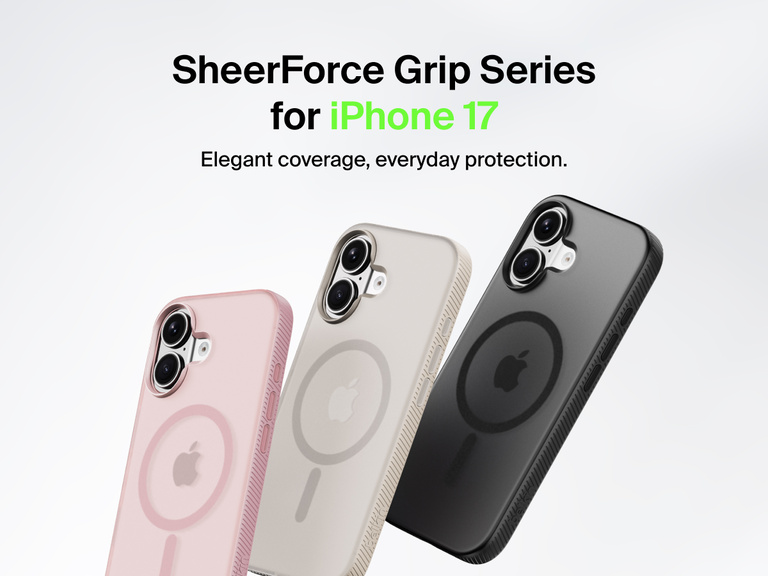 Belkin SheerForce Grip Series protective case for iPhone 17 shown in pink, clear, and black with slim design and MagSafe compatibility.
