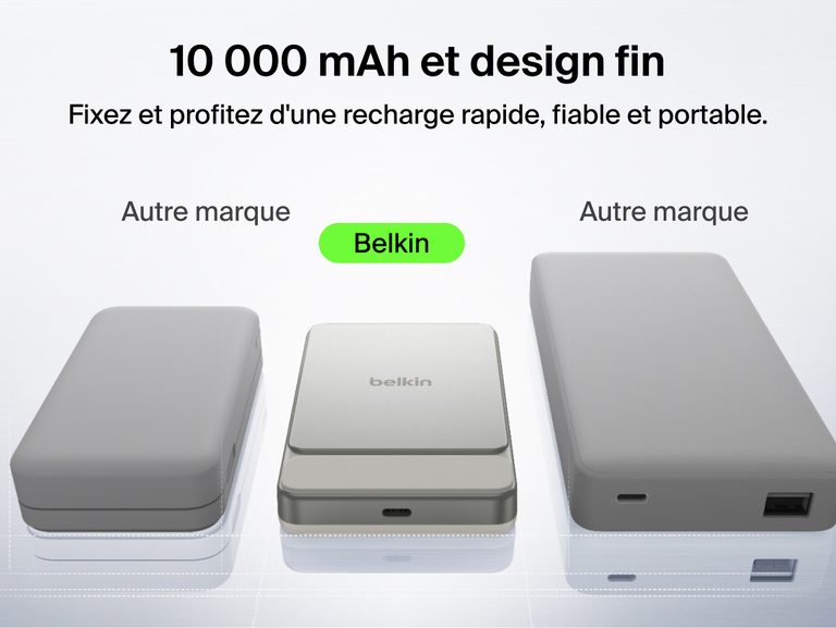 Belkin UltraCharge Slim Magnetic Power Bank 10K highlighting premium aluminum finish, ergonomic grip, soft-touch magnetic surface, digital display, and portable wireless charging design