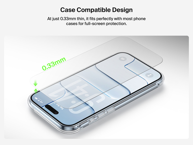 Belkin ScreenForce TemperedGlass Screen Protector with ultra-thin 0.33mm case-compatible design for full-screen protection and seamless fit with most phone cases.