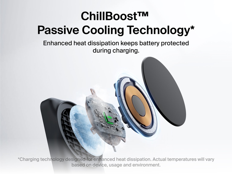 Belkin UltraCharge 2-in-1 Foldable Magnetic Charger with Qi2 25W featuring ChillBoost™ passive cooling technology for enhanced heat dissipation and battery protection during charging.