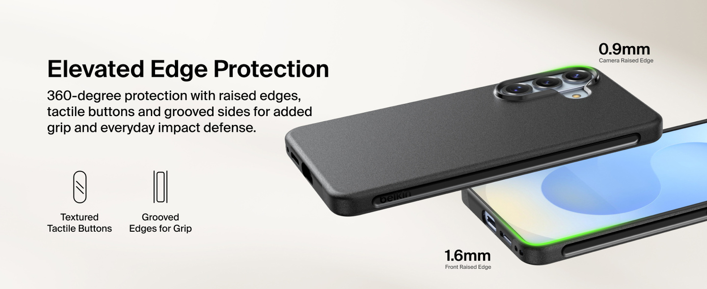 Raised edges, tactile buttons and grooved sides of the Belkin SheerForce Protect Series Case