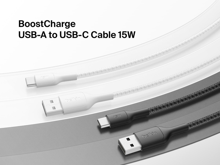 Image showing black and white Belkin BoostCharge Pro Braided USB-A to USB-C Cables 15W, designed for fast charging, durable performance, and enhanced connectivity for USB-C devices.