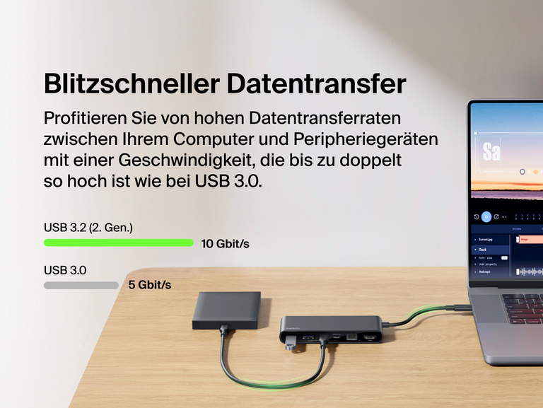 Belkin Connect 8-Port-USB-C-Hub mit 2,5-Gb-Ethernet-Anschluss, der an einen Laptop und eine externe Festplatte angeschlossen ist. Die Leistung von USB 3.2 (2. Gen.) mit blitzschnellem Datentransfer von 10 Gbit/s wird hervorgehoben.