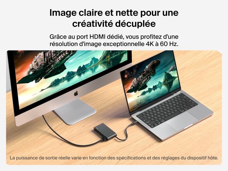 Belkin Connect 5-Port USB-C Hub with 4K HDMI delivers stunning 4K@60Hz visuals from a MacBook to an external monitor.