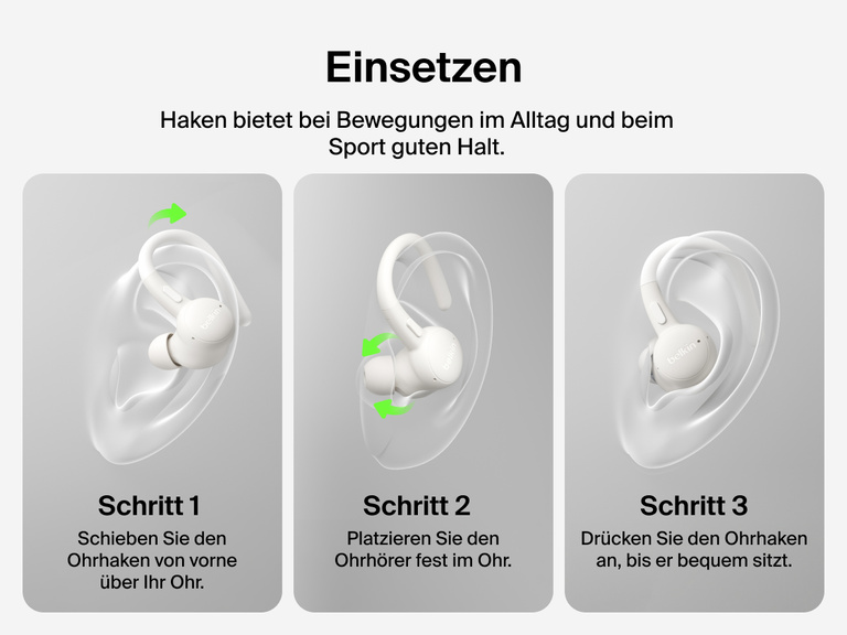 Belkin SoundForm ActiveFit Wireless Earbuds with secure hook design, shown in a step-by-step guide for wearing during workouts and daily use.