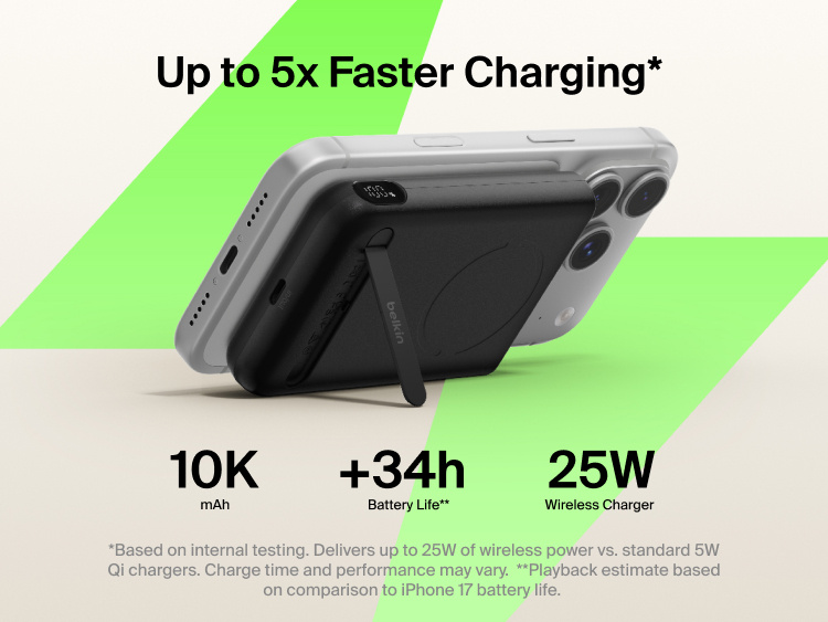 Belkin UltraCharge Pro Power Bank 10K with magnetic ring attached to a smartphone, highlighting up to 25W wireless fast charging, 10,000 mAh capacity, extended battery life, and built-in kickstand for hands-free use.