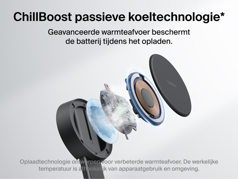 De Belkin UltraCharge Pro 2-in-1 verstelbare magnetische lader met Qi2 25W werkt met ChillBoost passieve koeltechnologie om warmte beter af te voeren en batterijen te beschermen tijdens het snel draadloos opladen.
