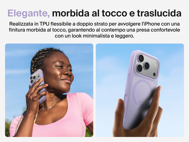 Belkin SheerForce Grip Series Case for iPhone 17 with slim translucent design and soft-touch finish for a comfortable grip.