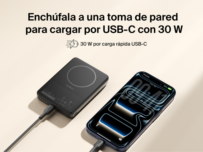 Slim Magnetic Power Bank 10K with Qi2 connected by USB-C cable delivering fast wired charging to smartphone