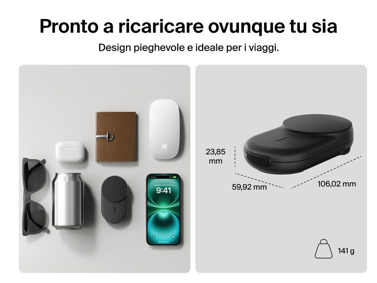 Immagine del caricabatteria magnetico pieghevole 2 in 1 con Qi2 da 25 W Belkin UltraCharge che mostra il suo design compatto e ideale per i viaggi, con peso di soli 162 grammi, ideale per la ricarica in mobilità.