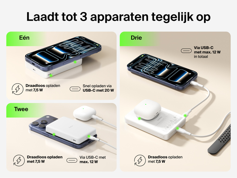 Belkin BoostCharge Slim Magnetic Power Bank 10K charging one, two, or three devices with 7.5W wireless charging and USB-C output for simultaneous multi-device power