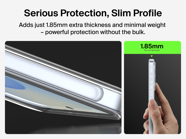 Belkin SheerForce Clear Series Case for Samsung Galaxy S26 shown in side profile, highlighting a slim 1.85 mm design that adds minimal thickness while delivering durable, everyday phone protection.