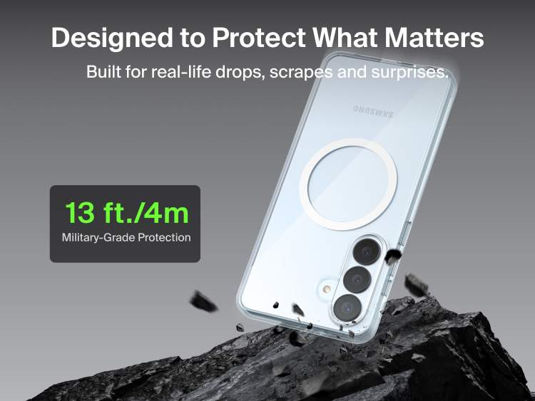 Belkin SheerForce Clear Series Case for Samsung Galaxy S26 shown protecting a phone during impact, highlighting slim design with 13 ft / 4 m military-grade drop protection and built-in Qi2 wireless charging support.