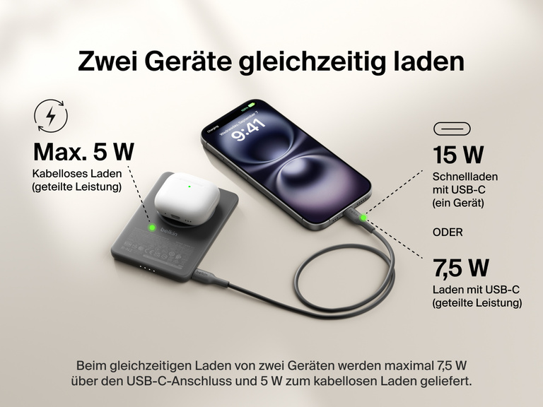 Belkin BoostCharge Slim Magnetic Power Bank 5K shown charging a smartphone and wireless earbuds simultaneously, demonstrating dual charging with 7.5W USB-C and 5W wireless shared power output.