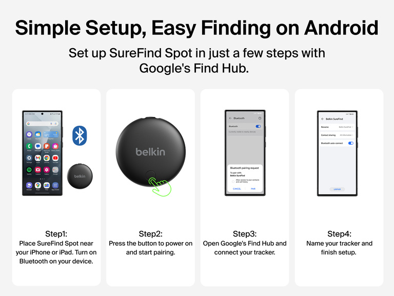 Four-step setup guide for pairing Belkin SureFind Spot with an Android device and connecting the tracker to Google Find Hub.