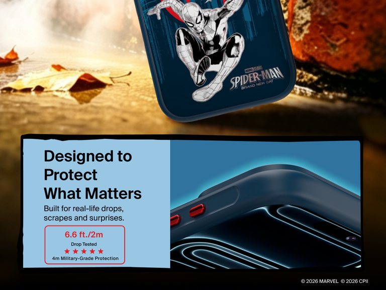 Belkin SheerForce Clear Spider-Man iPhone case featuring textured grip, touch-sensitive Camera Control button, and protective translucent construction.