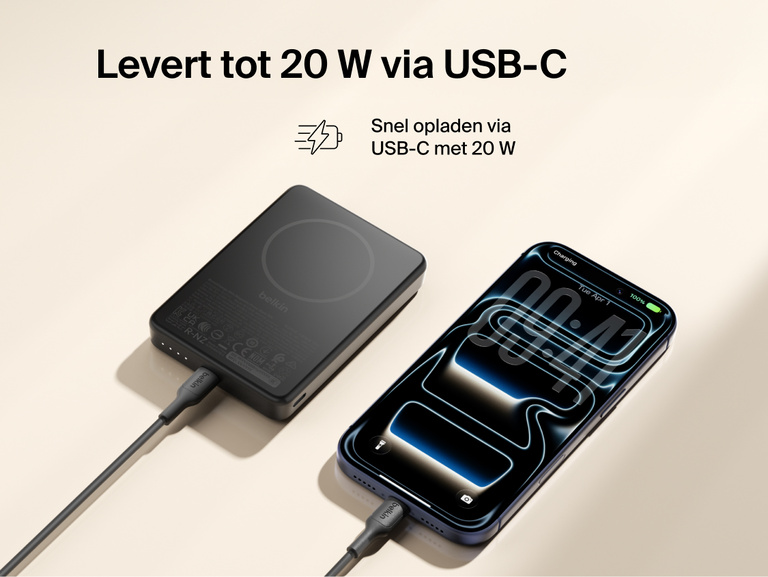 Belkin BoostCharge Slim Magnetic Power Bank 10K delivering 20W USB-C fast charging to a smartphone via cable alongside portable battery design